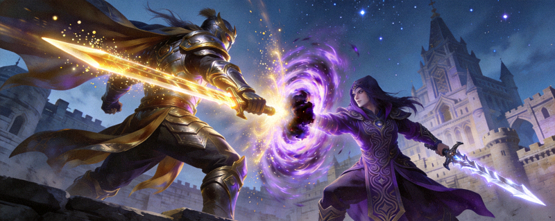 DOTA 2游戏中天辉斗士与敌法师在天辉上空释放大招的幻想场景 - 展示技能光辉与英雄模型的细节