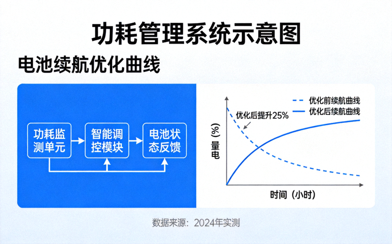 功耗管理系统示意图 - 展示电池续航优化曲线
