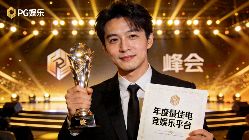 PG娱乐代表在颁奖典礼上手持年度最佳电竞娱乐平台奖杯与证书 - 舞台灯光璀璨，背景为峰会Logo