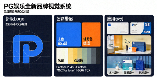 PG娱乐全新品牌视觉系统展示 - 包含新版Logo、色彩搭配与应用示例
