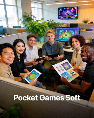 Pocket Games Soft团队合影 - 多元化的团队成员在现代化办公室中展现协作精神