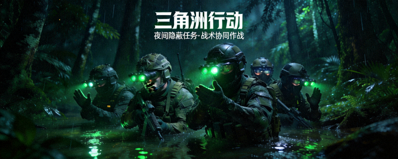 三角洲行动游戏宣传图 - 特种部队小队在夜间雨林中执行隐蔽任务，队员使用夜视仪与战术手势沟通