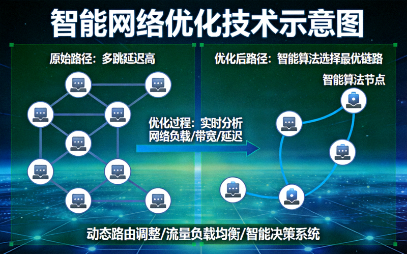 智能网络优化技术示意图 - 展示数据包传输路径优化