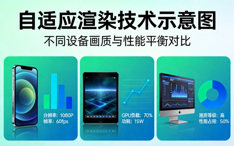 自适应渲染技术示意图 - 展示不同设备上的画质与性能平衡